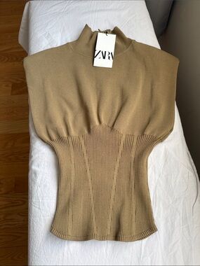 ZARA Camel Knit Sleeveless Mock Neck Top